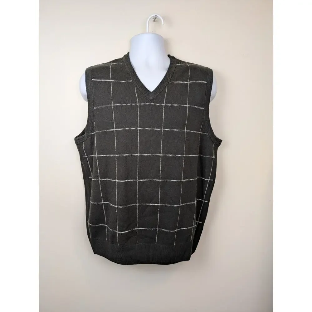 Geoffrey Beene Mens Sweater Vest Large Black Tan Check V-Neck Retro Preppy Knit